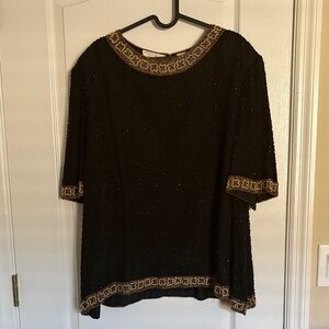 Laurence Kazar Vintage Silk Black and Gold Blouse with Beaded Detailing